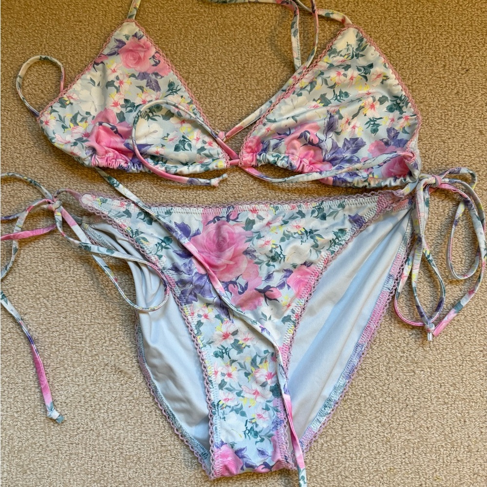 Floral Loveshackfancy Bikini Set with Pink and Purple Accents